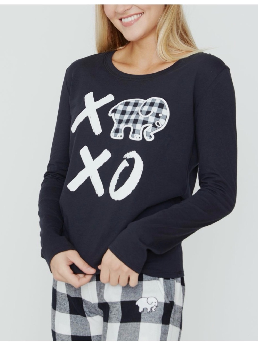 ivory ella Black Long Sleeve Top with Gingham Elephant Detail